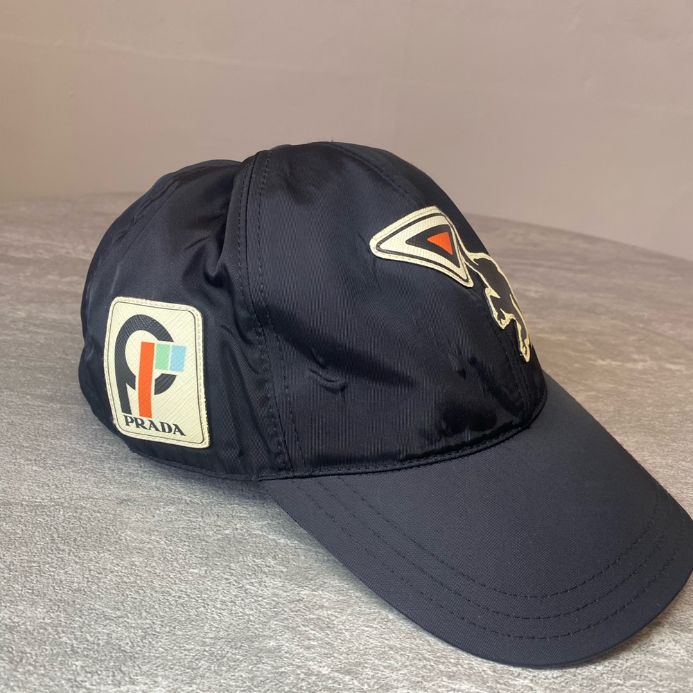 Prada Milano Rare Cap Hat Womens Black Graphic Patch Made Italy Size L Authentic